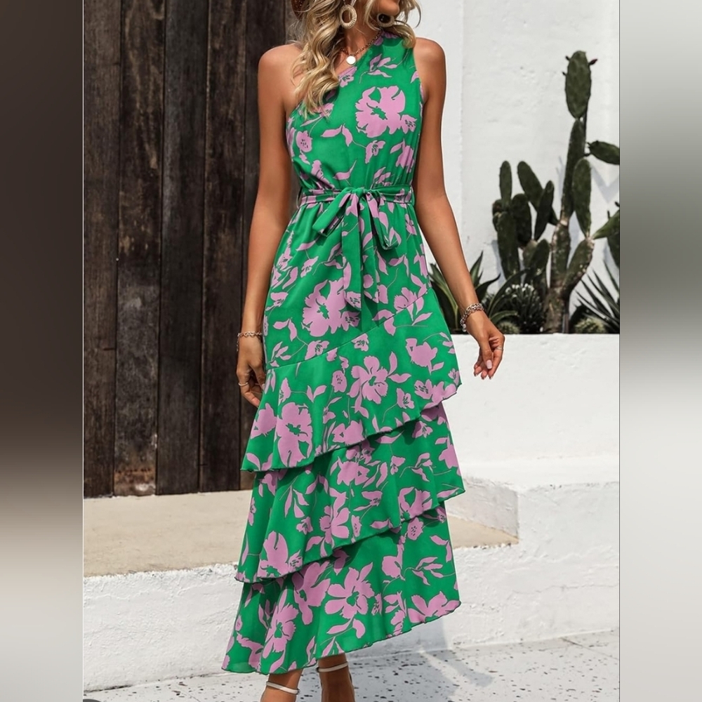 Green Floral Midi Dress with Pink Blooms X-Large